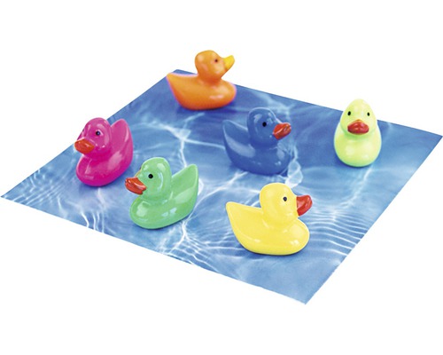 Meerkleurige badspeelgoed eenden op water afbeelding