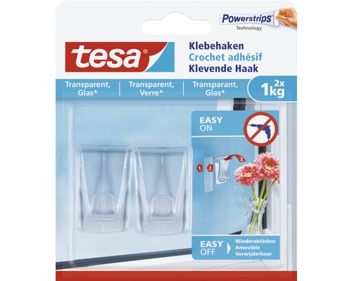 Tesa kleefhaken voor glas, geschikt tot 1 kilogram, 2 stuks