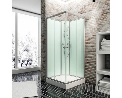 SCHULTE Complete douchecabine Korfu II achterwand lichtgroen 89x89x202 cm Hoekdouche met douchekop, armaturen en douchebak in een badkamer met betegelde muren