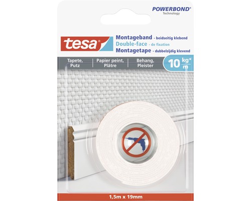 Tesa Powerbond montagetape, dubbelzijdig klevend, 1,5 meter maal 19 millimeter