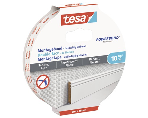 TESA Powerbond montagetape dubbelzijdig klevend voor behang & pleisterwerk wit 5 m x 19 mm