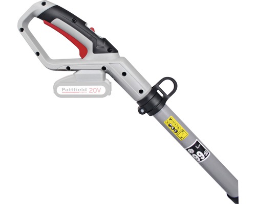 Handgreep van een accutuinmachine met waarschuwingen en indicatie van het geluidsniveau