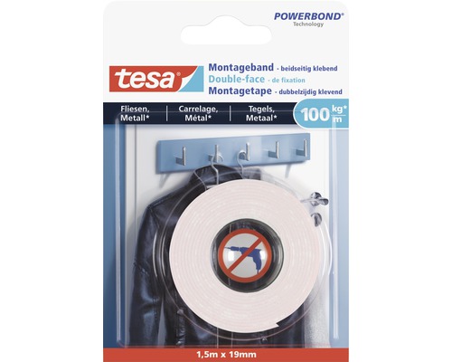 Tesa Powerbond montagetape voor tegels en metaal, 1,5 meter bij 19 millimeter