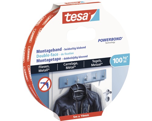 TESA Powerbond montagetape dubbelzijdig klevend voor tegels en metaal wit 5 m x 19 mm