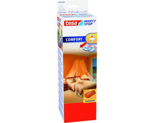 Tesa Insect Stop Comfort insectenhor verpakking met toepassingsvoorbeeld in de slaapkamer