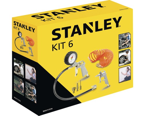 Stanley Kit 6 in gele doos, bestaande uit bandenpomp, blaaspistool en spiraalslang