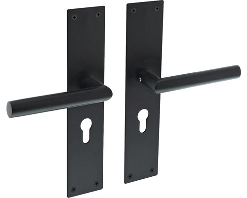 INTERSTEEL Deurkruk paar Jura op schild met profielcilindergat PC55 zwart mat Zwart langschildbeslag met deurkruk en sleutelgat