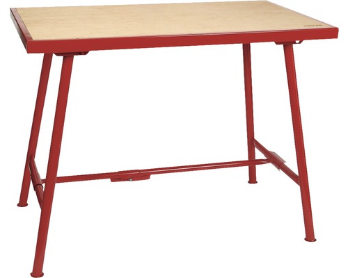 Werkbank met rood stalen frame en houten blad