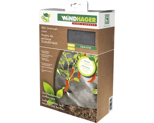 Verpakking van een rol anti-onkruidvlies van Windhager, afmeting 1,6 meter bij 5 meter