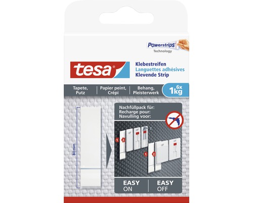 Tesa Powerstrips Technology kleefstrips navulverpakking voor behang en pleisterwerk, 6 stuks met een draagkracht tot 1 kg