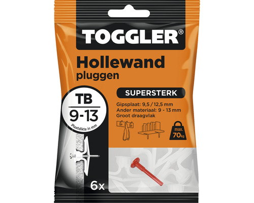 Toggler hollewandpluggen, geschikt voor plaatdiktes van 9 tot 13 mm, verpakking van 6 stuks