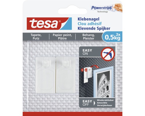 Tesa klevende spijker voor behang en pleister, draagkracht 0,5 kilogram, twee stuks
