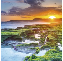 Landschapsfoto met rotsen, vegetatie en zonsondergang aan zee