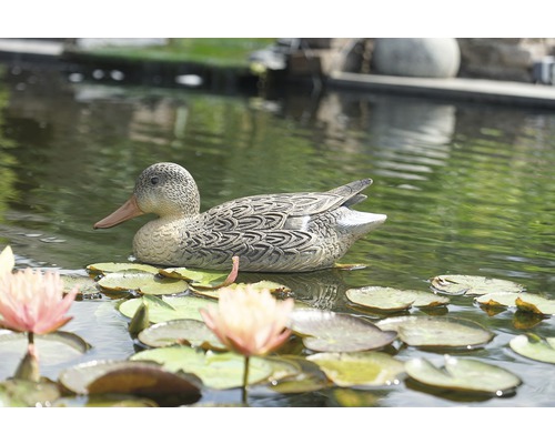 Decoratief eendenbeeld drijft op een vijver met waterlelies