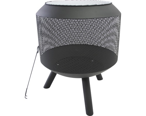 Metalen vuurkorf met drie poten en een pook