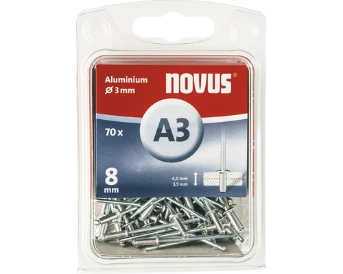 Novus blindklinknagels A3, aluminium, 3 mm diameter, 8 mm lengte, 70 stuks
