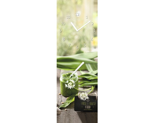 Decoratieve klok met afbeelding van berenlookpesto in een pot