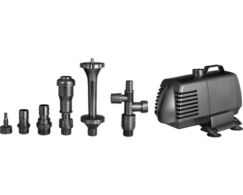 Vijverpomp met verschillende sproeikoppen.