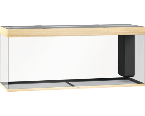 Leeg aquarium met houten rand en filter