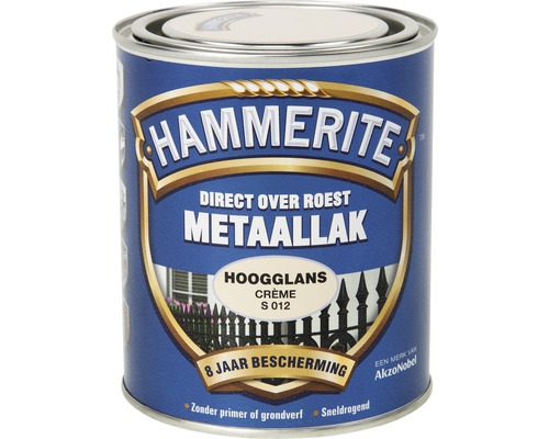 Hammerite metaallak blik met de notitie direct over roest