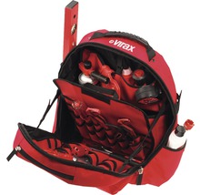 Open rode Virax gereedschapsrugzak gevuld met gereedschap zoals een waterpas, brander, meetlint en ander gereedschap
