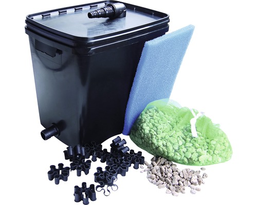 Vijverfilterset met filterreservoir, filterschuim, filtermateriaal en bioballen