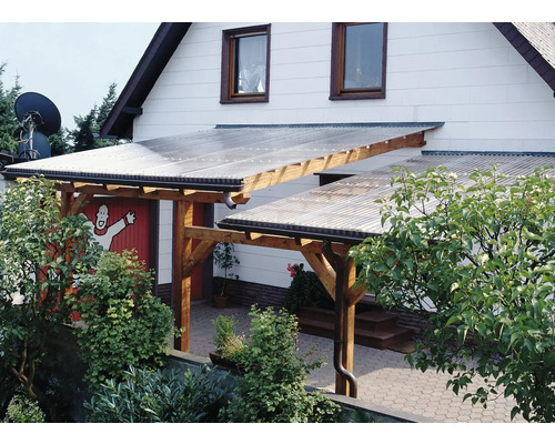GUTTA Acryl sinusplaat helder 2000 x 1045 x 1,5 mm Dubbele carport van hout met transparante overkapping aan het huis