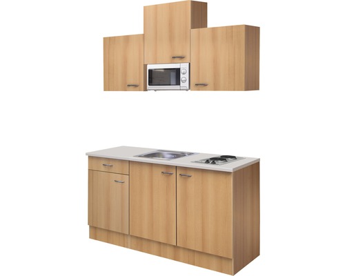 Keukenblok met spoelbak, kookplaat, magnetron en bovenkasten