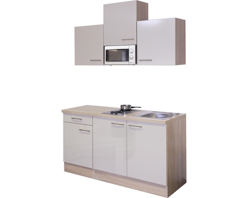 Keukenblok met bovenkasten, gootsteen, kookplaat en magnetron