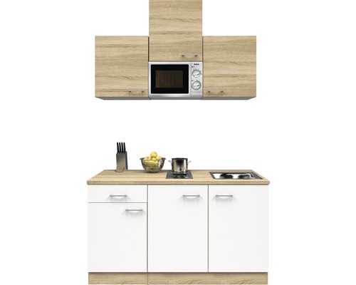 Keukenblok met magnetron, spoelbak, kookplaat en kasten in houtlook en wit
