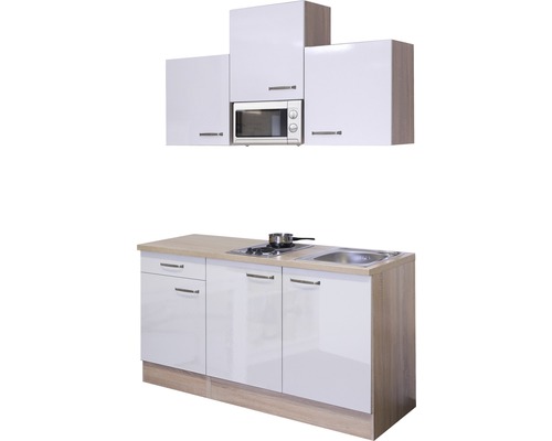 Keukenblok met hangkasten, magnetron, spoelbak en kookplaat