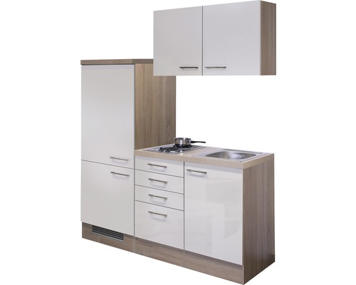 Inbouwkeuken met spoelbak, kookplaat, laden en bovenkasten
