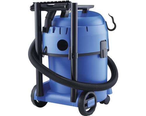 Blauwe alleszuiger met slang en wielen