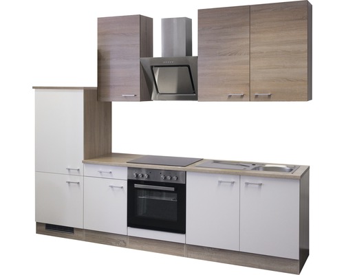 Keuken met bovenkasten, afzuigkap, spoelbak en elektrisch fornuis