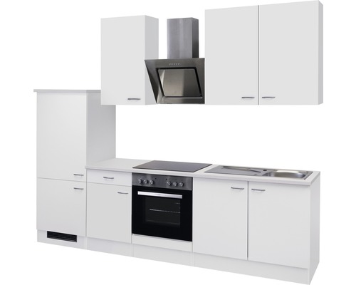 Complete keuken met spoelbak, kookplaat, oven en afzuigkap.