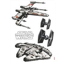 Illustratie met een X-Wing jager, twee TIE-jagers en de Millennium Falcon uit Star Wars.