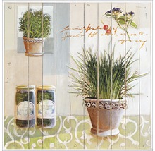 Schilderij met kruiden in potten en glazen