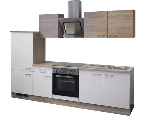 Complete keukenunit met hangkasten, afzuigkap, gootsteen, kookplaat en oven