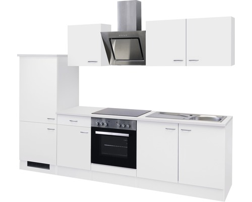 Keukenblok met spoelbak, kookplaat, oven, afzuigkap en witte kasten