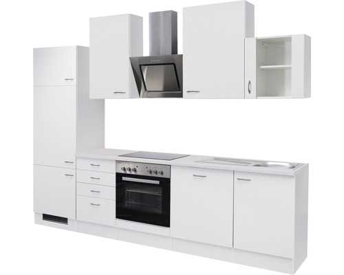 Complete witte keuken met boven- en onderkasten, afzuigkap en inbouwapparatuur.