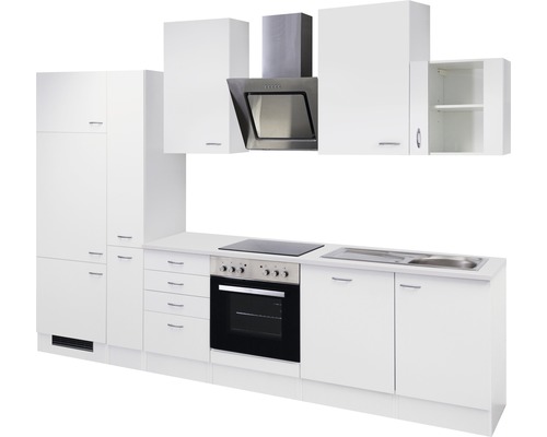 Complete witte keuken met kasten, afzuigkap, gootsteen en fornuis