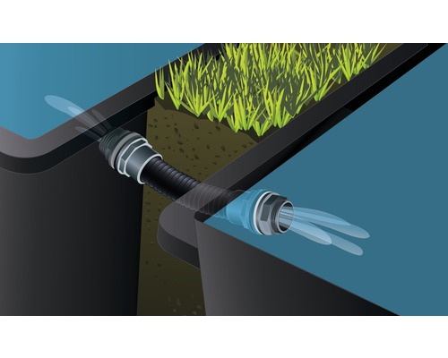 Illustratie van een drainagesysteem met een flexibele buis die twee containers verbindt.