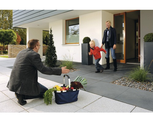 Gezin voor modern huis met boodschappenmand en straatstenen