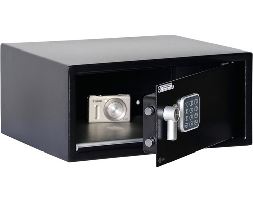 Zwarte kluis met digitaal cijferslot en camera binnenin