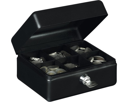 Geopende metalen geldkist met sleutel en vakken