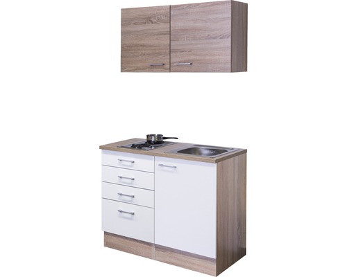 Compacte kitchenette met spoelbak, kookplaat en hangkast