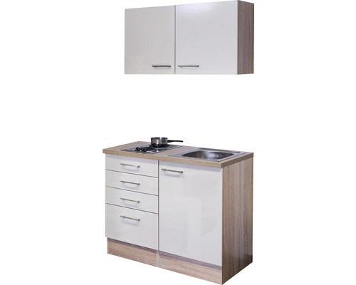 Compacte kitchenette met spoelbak, kookplaat, onderkasten en bovenkast