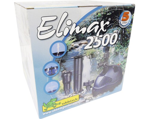 Verpakking van een Elimax 2500 vijverpomp met vijf jaar garantie
