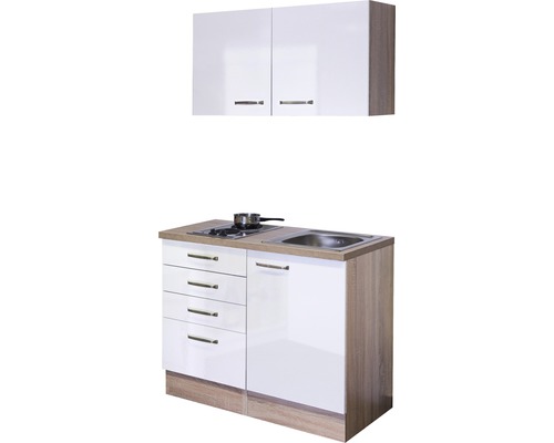 Compacte keuken met spoelbak, kookplaat, lades en hangkast voor kleine ruimtes