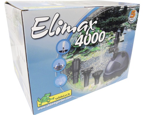 Verpakking van de Elimax 4000 vijverpomp met vijf jaar garantie